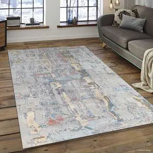 Hand Knotted Wool Gray Multi-Colored Transitional Abstract Traditional Knot Rug, Made in India