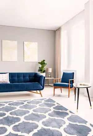 Hand-Woven Wool Blue Modern Plaid A blue plaid   Rug, Made in India