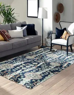 Blue Contemporary Floral Modern Knot Area Rug, Made in India