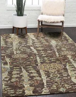 Brown Contemporary Floral Modern Knot Area Rug, Made in India