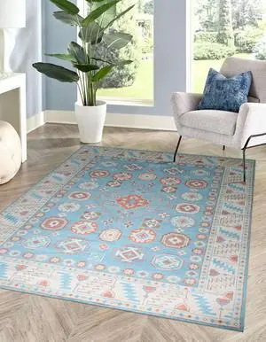 Light Blue Classic Traditional Geometric Area Rug, Made in India