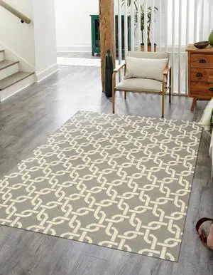Handwoven Wool Gray Transitional Geometric Links Dhurrie Rug, Made in India