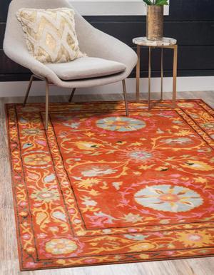 Hand-Tufted Wool Rust Traditional Floral Suzani Rug, Made in India