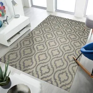 Hand Knotted Wool Gray Contemporary Trellis Moroccan Rug, Made in India
