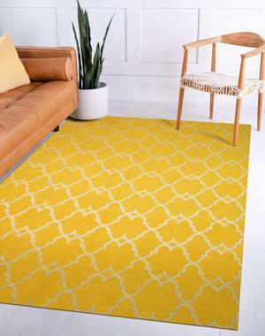 Handmade Polyester Yellow Transitional Trellis Reversible Moroccan Outdoor Rug, Made in India