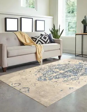 EORC FL15BL6X9 Machine-made Polyester Distressed Bohemian Moderno Medallion Rug, 5'11 x 8'10, Blue
