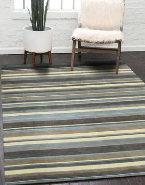Blue/Brown Striped Handmade Wool Rug, Made in India