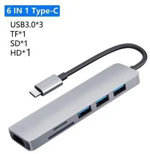 Usb C Hub  Adapter To USB3.0 5K HDMI-compatible PD TF/SD Card Charging Port Converter for Mackbook LaptopColor: Black (6 in 1 hub)