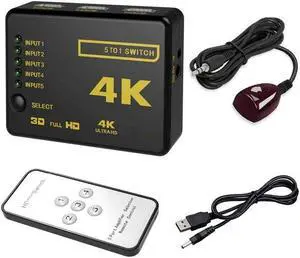 HDMI-compatible Switcher 4K HD1080P 3 5 Port HD Switch Selector Splitter With Hub IR Remote Controller For HDTV DVD TV BOX Z3Length: <=0.5m (0.5m and below)
Color: Black (5 1N 1 KIT)