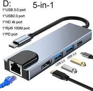 Type C Usb C Hub with Power Supply USB-C Dock Splitter Compatible with MacBook/Pro/Air Android Phone Laptops TabletColor: Black (5 in 1 hub)