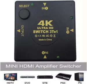 4K Switcher HDMI-compatible Splitter 4K*2K 3D Mini 3 Port HD Switch 3 in 1 out Port Hub for DVD HDTV Xbox PS3 PS4 1081PLength: <=0.5m (0.5m and below)
Color: Black (4K)