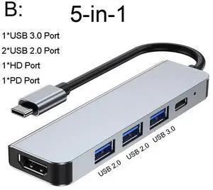 Type C hub USB C to 4K HDMI-Compatible Adapter with 100W PD Fast Charging USB 3.2 Ports for Laptops Surface Pro MacBook Air ProColor: Black (5 in 1 hub)