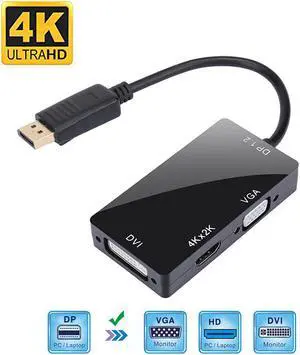 DisplayPort 1.2 to HDMI-compatible 4K DVI VGA 3 in 1 Cable Adapter Converter For HDTV Monitor Projector For Gaming via HDColor: Black (4K)