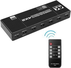4K@60Hz HDMI Matrix Switch Splitter 4x2 IR Remote Control with SPDIF and L/R 3.5mm HDR Switcher 4x2 Support HDCP 2.2 3DLength: 0.5m and below (EU Power Plug)
Color: Black (black)