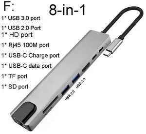 USB C Hub Type C to VGA RJ45 4K  HDMI-compatible PD SD TF 3.5mm Audio 1080P VGA For Macbook Pro S8 S9 P20 P30Color: Blue (8 in 1 hub)