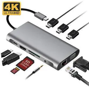 USB C Hub Type C to VGA RJ45 4K  HDMI-compatible PD SD TF 3.5mm Audio 1080P VGA For Macbook Pro S8 S9 P20 P34Color: Black (10 in 1 hub)