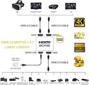 4K HDMI-compatible Splitter Full HD1080p Video Switch Switcher 1X2 Split 1 in 2 Out Amplifier Dual Display For HDTV DVD PS3 XboxLength: <=0.5m (0.5m and below)
Color: Black (black)