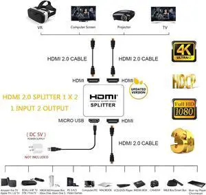 4K HDMI-compatible Splitter Full HD1080p Video Switch Switcher 1X2 Split 1 in 2 Out Amplifier Dual Display For HDTV DVD PS4 XboxLength: <=0.5m (0.5m and below)
Color: white (white)