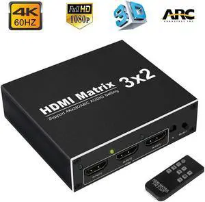 4K HDMI-compatible Splitter 60Hz Ultra HD 3X2 Splitter Switch R/L+ARC 3 Ports Inputs 2 Port Outputs with IR Remote HDCP1.5Length: 1.5m (US PLUG)