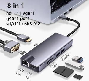 USB C HUB Docking Converter USB 3.0 4K HDMI-compatible Type-C 100W PD Charging Adapter RJ47 Multi USB Station For MacBook ProColor: Blue (8 in 1 type 2)