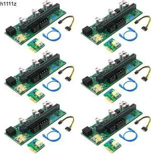 6PCS PCIE Riser for Video Card VER 010X Green PCI Express 1X to 16X Extender USB3.0 Cable 4Pin 6Pin Power LED for Bitcoin Mining