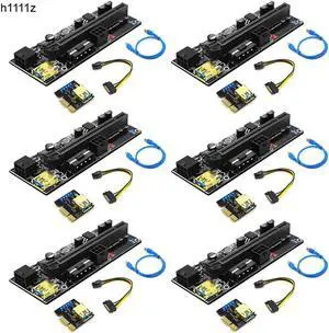 6PCS PCIE Riser 009S VER009S Riser PCI Express 16X Adapter LED 1X Riser Card USB3.0 Cable SATA to 6P Power for Video Card Mining