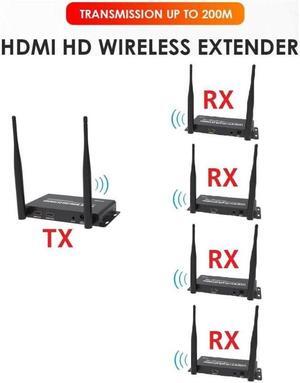 (1 SENDER and 4 RECEIVERS kit) Up to 656Ft Wireless 1080P 60Hz Video Extender with Local Pass-through HDMI Loop-out Transmitter Receiver kit 200m with IR remote