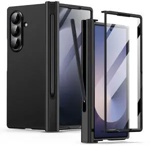 SZYG for Samsung Galaxy Z Fold7 5G Case Black Shockproof Heavy Duty Hinge Protection Phone Cover Built-in Tempered Glass Screen Protector Rugged Military Full Body Protective Case with Pen Holder