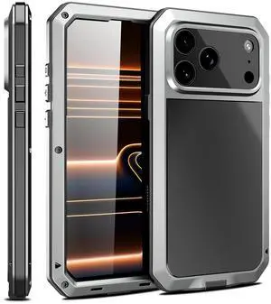 SZYG Aluminum Case for Apple iPhone 17 Pro Max Hard Metal Shockproof Heavy Duty Cover Built-in Glass Screen Protector Full Body Military Drop Protection For iPhone 17 Pro Max 6.9 inch 2025 Silver
