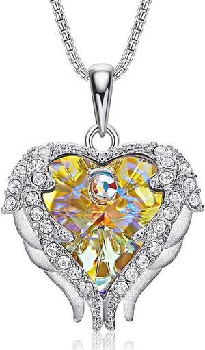 Angel Wing Love Heart Necklaces for Women Silver Tone/Gold Tone Pendant Mother's Day Jewelry Gifts for Women Mom/Wife/Sister - Multi Color AB Aurora Borealis