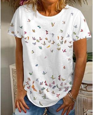 Women T shirt Butterfly Graphic Prints Round Neck Tops White 4XL