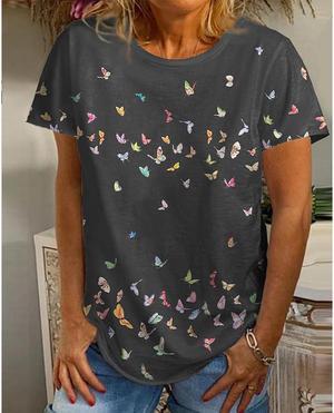 Women Summer Short Sleeve T Shirt Butterfly Pattern Butterfly Floral Print Crew Neck Top Oversized