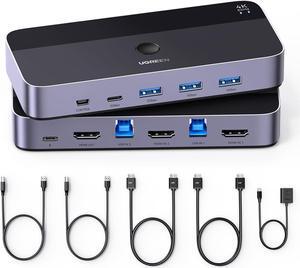 UGREEN USB 3.0 HDMI KVM Switch with 4 USB 3.0 Ports (3 USB-A+1 USB-C) 4K@60Hz for 2 Computers Sharing Monitor Keyboard Mouse Hard Drives Printer, with 2 HDMI Cables, 2 USB Cables and Controller