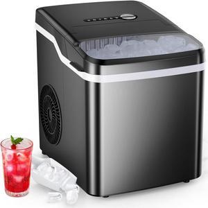 Ice Makers Countertop, 26.5lbs/24H, 9 Bullet Ice Cubes in 6 Mins, Self-Cleaning Ice Makers with Basket and Scoop, 2 Sizes of Bullet Ice, Ideal for Home/Kitchen/Party/Camping, Black