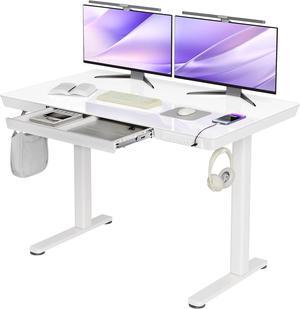 Glass Standing Desk with Drawers, 48×24 Inch Adjustable Stand Up Desk, Quick Install Home Office Computer Desk with USB Ports, White