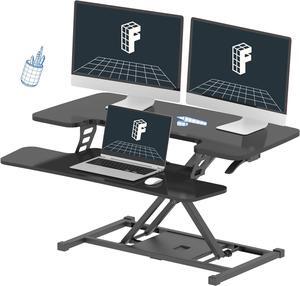 36-inch Standing Desk Converter Height Adjustable Sit to Stand Up Workstation, Dual Monitor and Laptop Riser with Wide Keyboard Tray, Black
