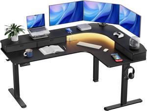 65 L-Shaped Standing Desk with Power Outlets & LED Strip, Support C-Clamp Mount, Electric Height Adjustable Corner Computer Desk with 3 Drawers, Sit Stand Up Desk with Large Power Strip Holder