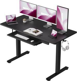 Electric Standing Desk with Keyboard Tray, 48 x 24 Inch Adjustable Height Sit Stand Up Desk with 2 Headphone Hooks for Home Office, Computer Workstation, Black Frame & Desktop
