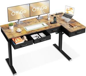 L Shaped Electric Standing Desk with Drawers, Height Adjustable Large Desk with Power Outlets, Sit Stand Table, Writing Computer Desk for Home, Office, Workstation, Rustic Brown