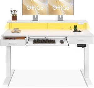 Electric Standing Desk with Drawers & Keyboard Tray, 55 Inch Height Adjustable Desk with Power Outlets & LED Lights, Sit Stand Table with Monitor Stand for Home, Office, White