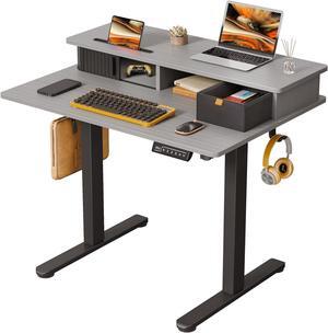 Small Electric Standing Desk, 35" x 25" Height Adjustable Desk with Built-in Monitor Stand & Storage Drawer, Grey Sit Stand Desk with 2 Hooks for Home Office