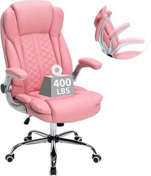 400lbs Executive Office Chair with Flip Up Armrests,Big and Tall Computer Office Chair for Heavy People,Heavy Duty Ergonomic Comfy Office Chair,Breathable PU Leather(Pink)