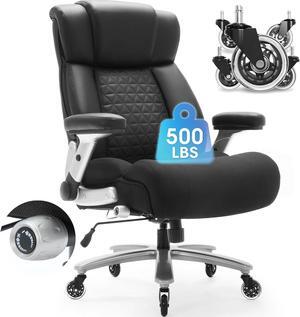 500lbs Big and Tall Office Chair with Adjustable Lumbar Support, Executive Office Chair Heavy Duty with Flip-up Armrest and Wider Seat, Ergonomic Leather Chair Breathable with Quiet Rubber Wheels