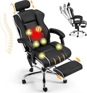 6-Point Massage Office Chair with Footrest, Heated Executive Office Chair with Reclining Backrest, Ergonomic Gaming Chair with Padded Armrest, Black