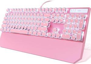 Typewriter Style Mechanical Gaming Keyboard, Pink Retro Punk Gaming Keyboard with White Backlit, 104 Keys Blue Switch Wired Cute Keyboard, Round Keycaps for Windows/Mac/PC