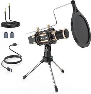 Studio Recording Microphone, Condenser Broadcast Microphone w/Stand Built-in Sound Card Echo Recording Karaoke Singing for Phone Computer PC Garageband Smule Live Stream & YouTube (Gold)