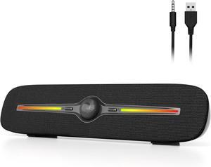 R90 Bluetooth Computer Speakers for Desktop, USB Powered 3.5mm AUX PC Speakers with LED Dynamic Light, Portable Soundbar Speaker with Rotary Volume Control for Laptop Monitor