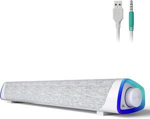 R30 Computer Speakers, USB Powered 3.5mm AUX Small PC Speakers, Colorful LED Lights with Switch Button, Surround Sound Portable Computer Sound Bar Speaker for Desktop Laptop White