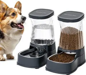 Pet Automatic Dog Water Dispenser Gravity Stainless Steel Waterer & Food Feeder Set, 100% BPA Free Large Capacity Feeding Bowls for Medium & Large-Sized Dogs Cats Other Pets -(1 Gallon x2)