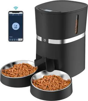 Automatic Cat Feeder, WellToBe Pet Feeder Food Dispenser for Cat & Small Dog with Two-Way Splitter and Double Bowls, up to 6 Meals with Portion Control, Voice Recorder - Battery and Plug-in Power